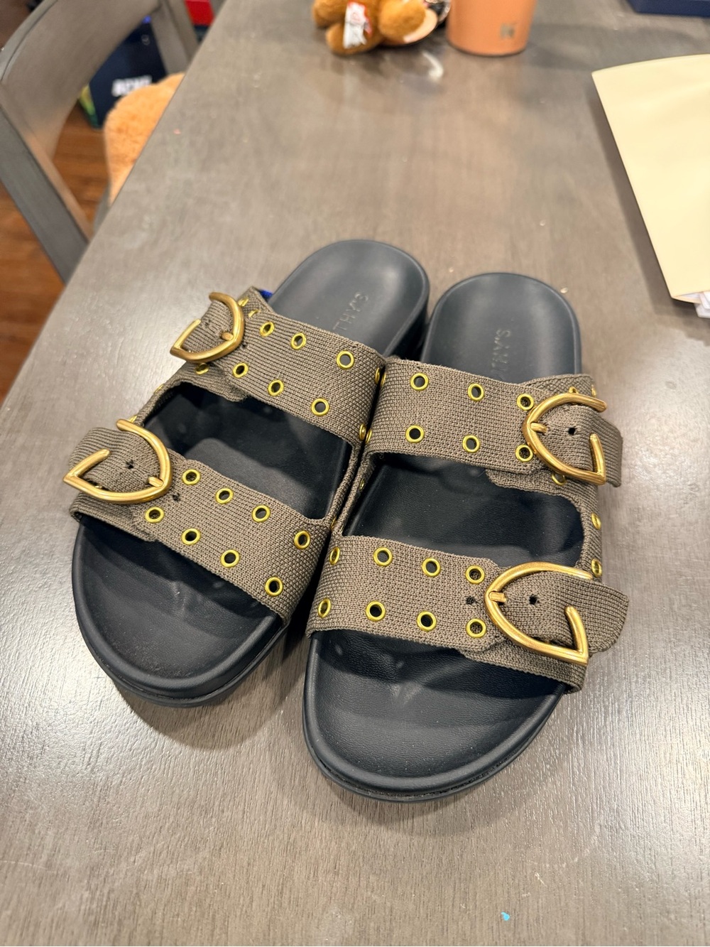 Rothy's Olive Canvas Double Buckle Slide Sandals with Gold Accents